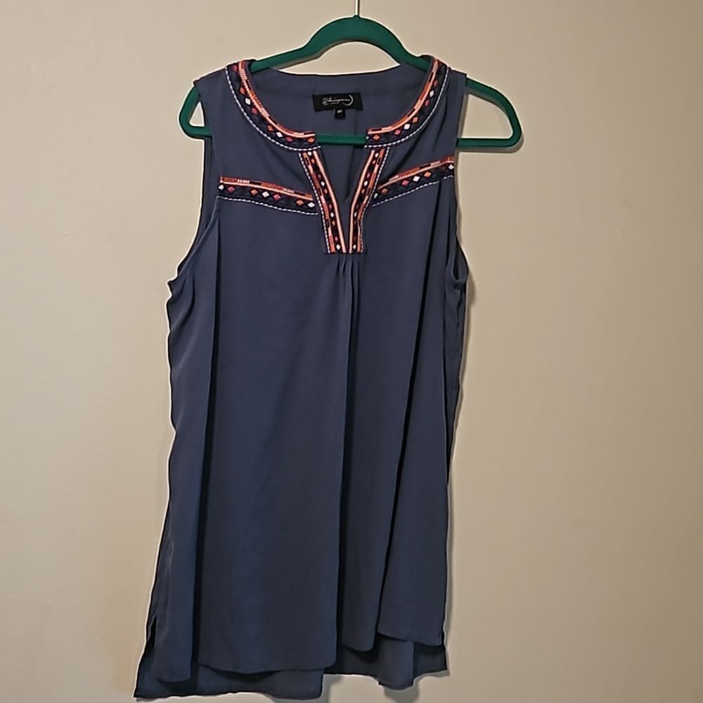 Whispers New York Womens Sleeveless Y Neck Tunic Top Size 0X Blue Boho Aztec